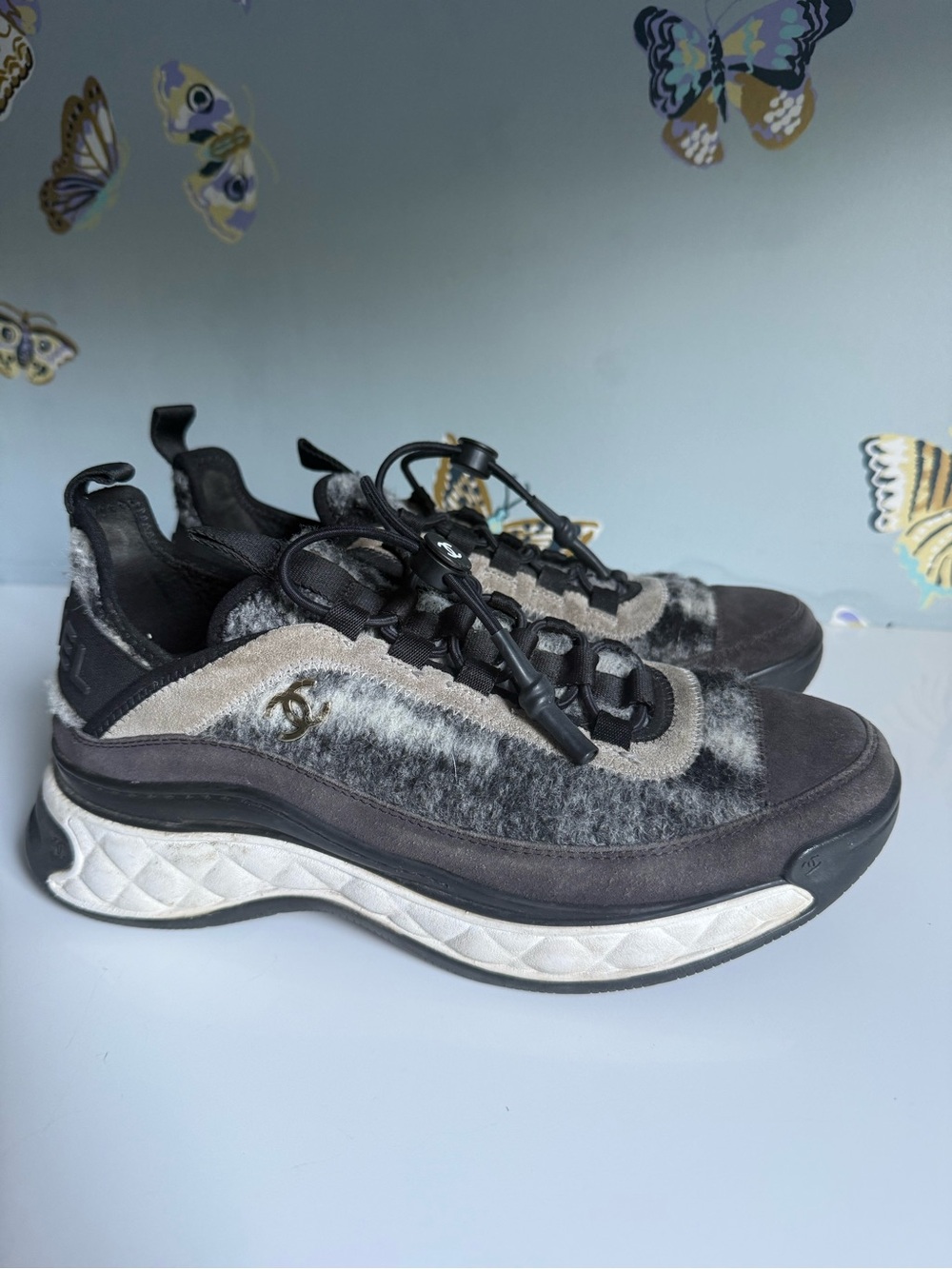 Chanel Black Gray Suede Felted Wool CC Cinch Close Sneakers